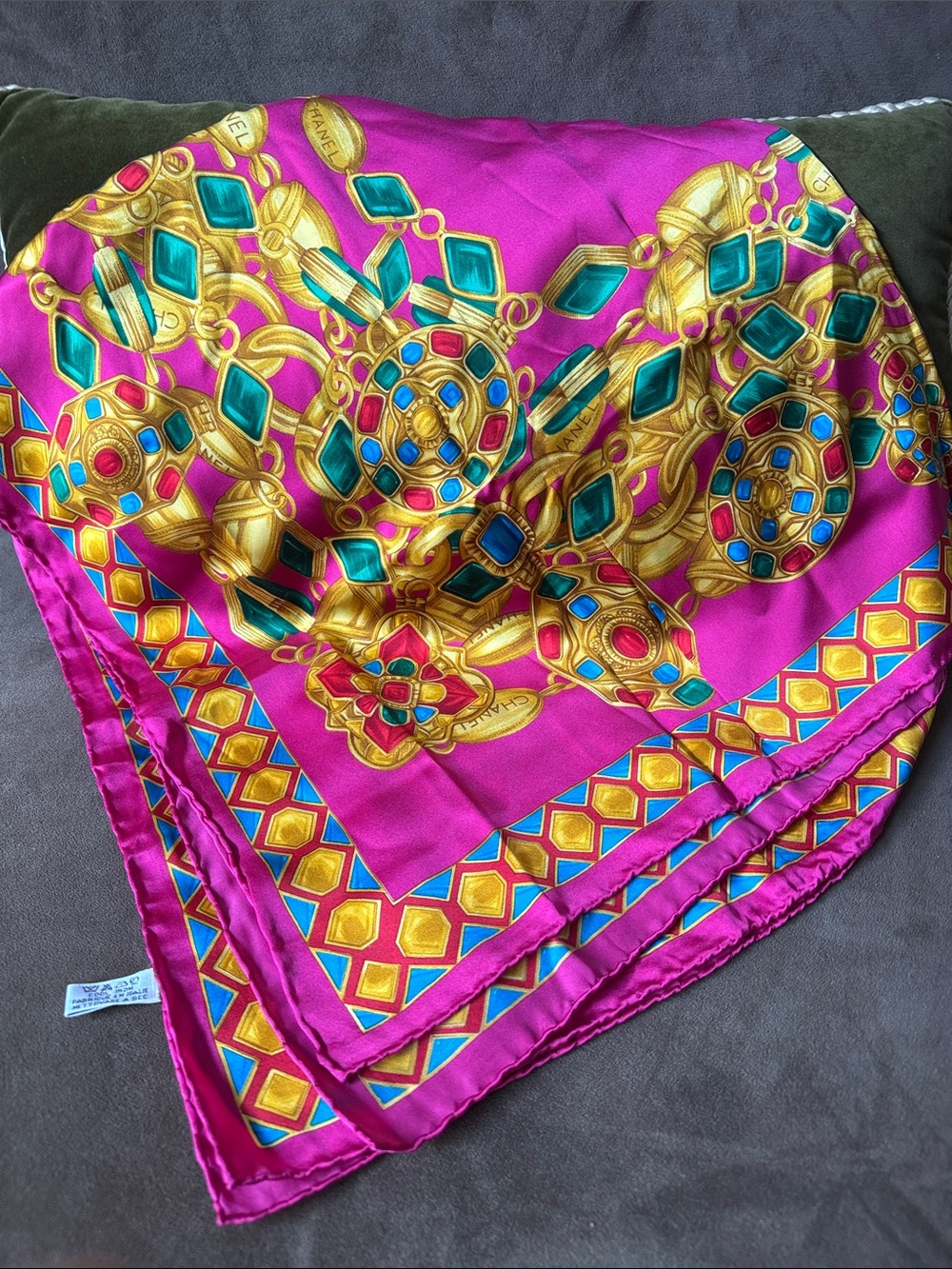 Chanel Large Fuchsia Silk Scarf with Gold and Teal Chain Motif